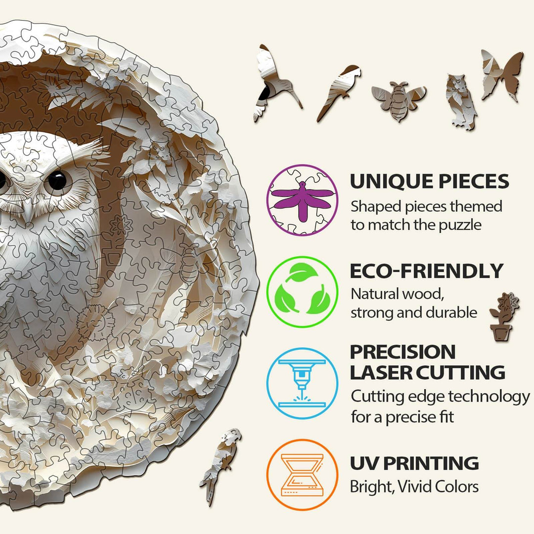 3D Paper Carved Owl wooden jigsaw puzzle features unique pieces, eco-friendly material, precision laser cutting, and UV printing.