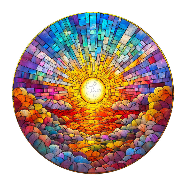 Stained Glass Rainbow wooden jigsaw puzzle featuring vibrant colors and a radiant sun over colorful clouds.