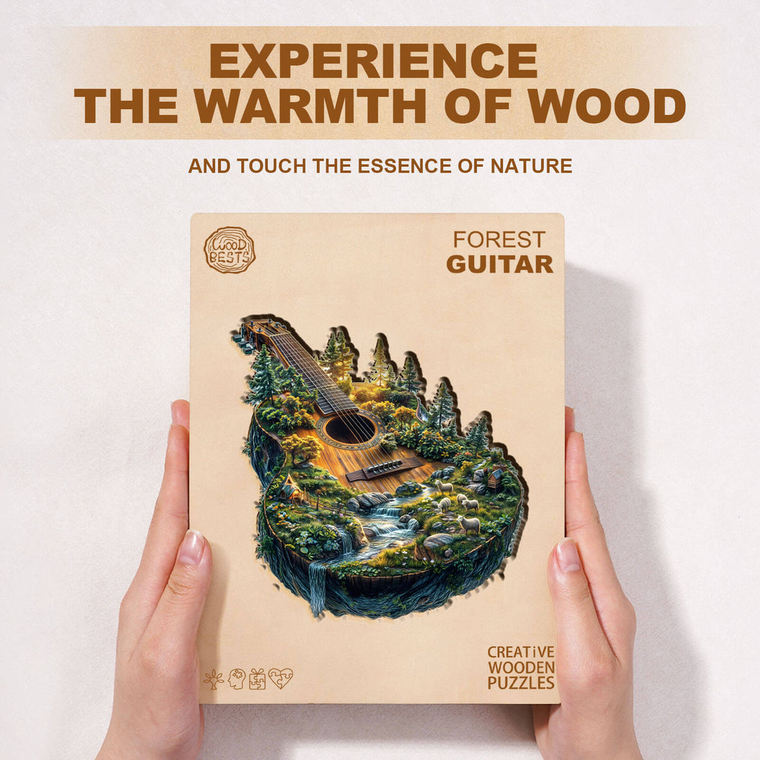 Forest guitar wooden jigsaw puzzle, combining nature's essence with creative puzzle-solving for enhanced focus and fun.