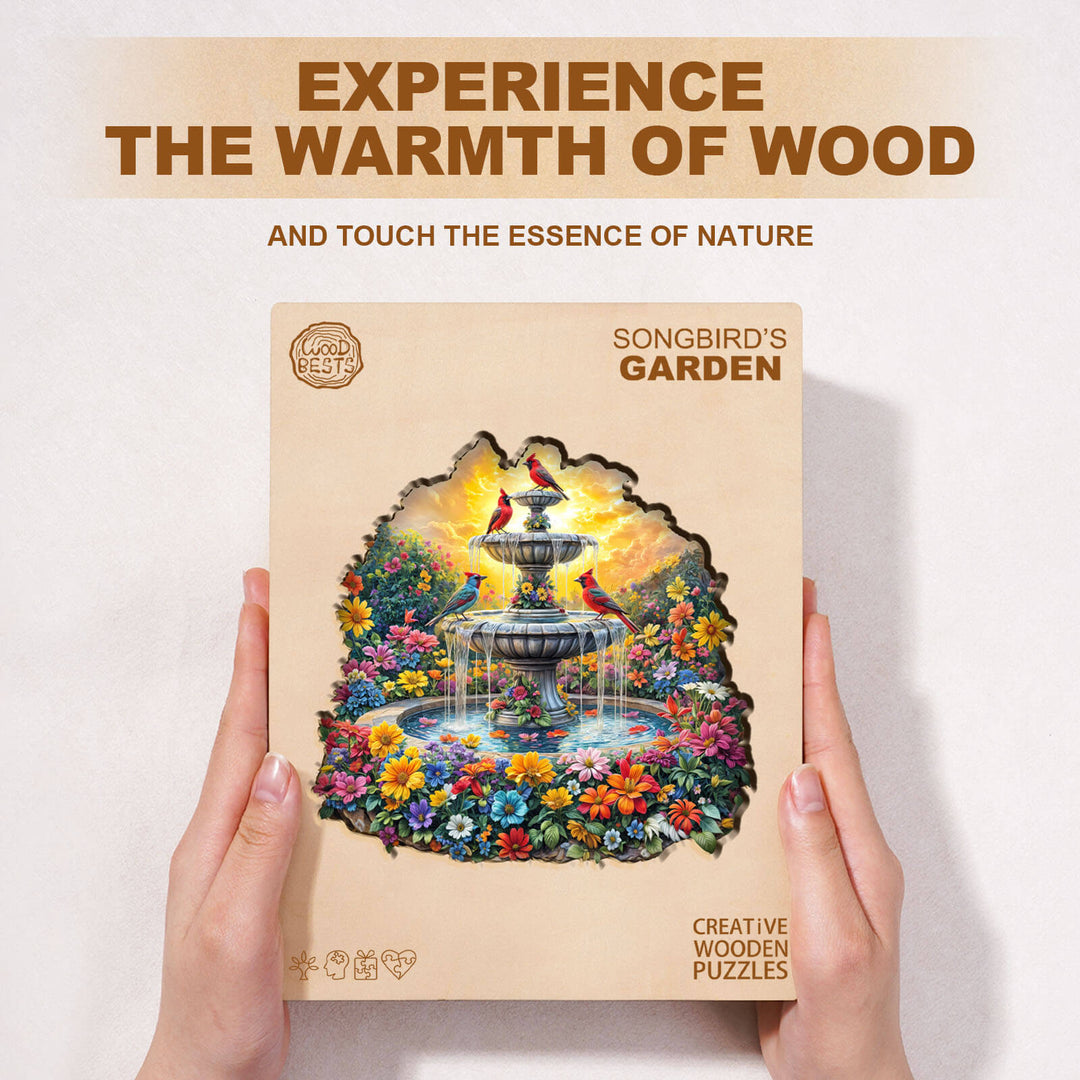 Songbird¡¯s Garden wooden jigsaw puzzle box featuring a vibrant garden scene with a fountain and colorful flowers.