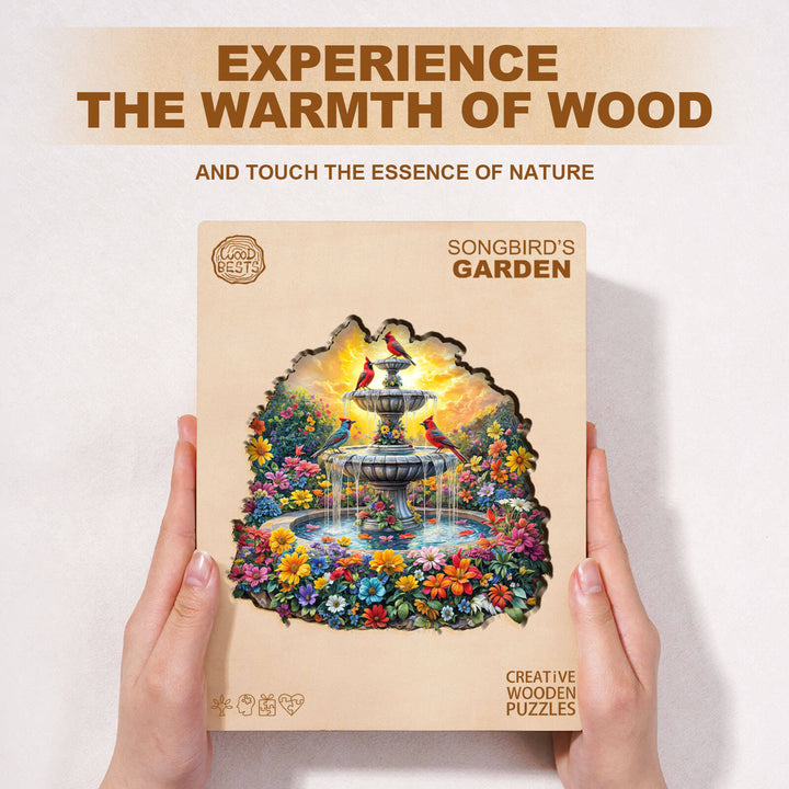Songbird¡¯s Garden wooden jigsaw puzzle box featuring a vibrant garden scene with a fountain and colorful flowers.