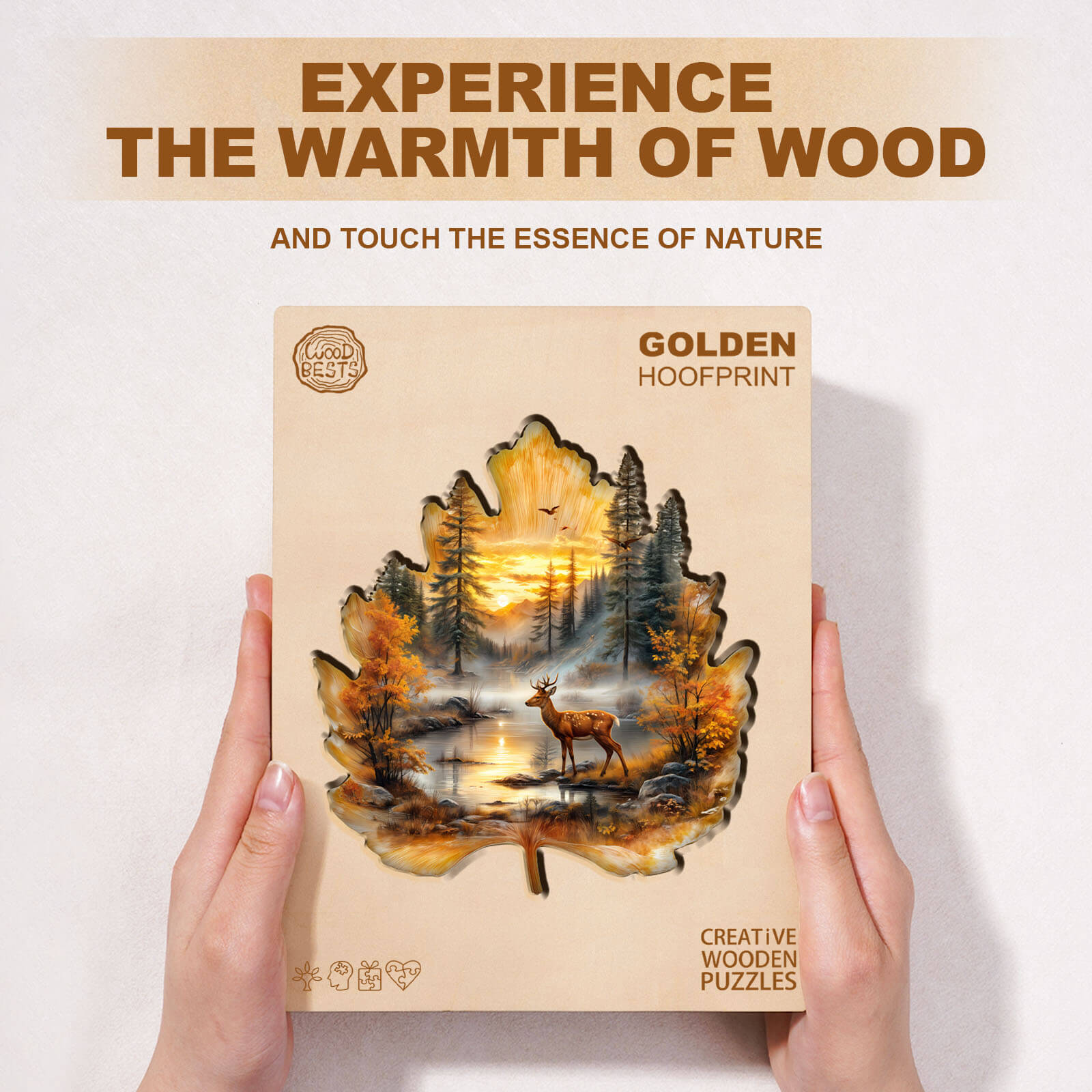 Golden Hoofprint wooden jigsaw puzzle box showcasing nature scenery and a deer, highlighting wood's warmth and creativity.