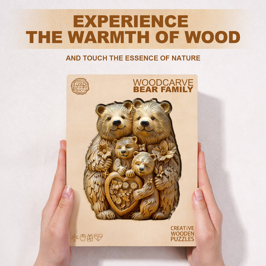 Woodcarve bear family wooden jigsaw puzzle showcasing a warm wood design and nature-inspired art for focused puzzle solving.