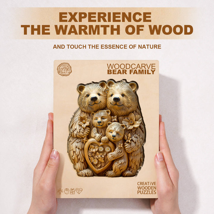 Woodcarve bear family wooden jigsaw puzzle showcasing a warm wood design and nature-inspired art for focused puzzle solving.