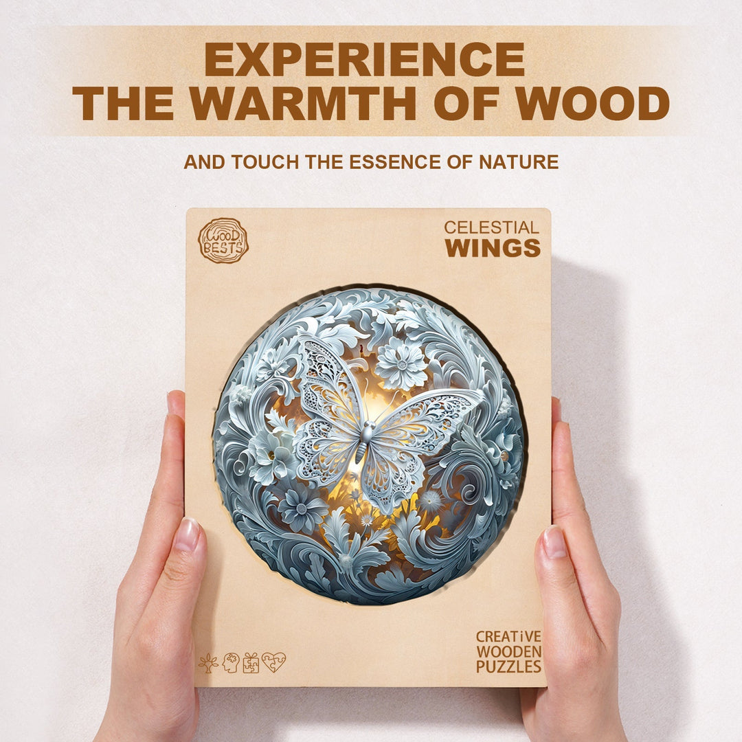 Celestial Wings wooden jigsaw puzzle showcasing a detailed butterfly design, emphasizing warmth and nature's essence.