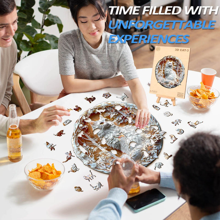 Group enjoying the 3D Cat-3 wooden jigsaw puzzle, creating unforgettable experiences together.