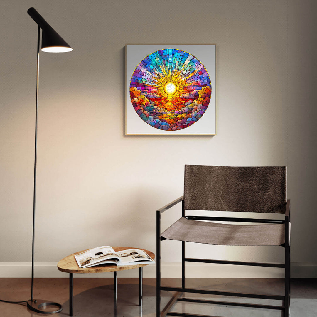 Colorful stained glass artwork depicting a bright sun over a vibrant sky, showcased in a modern living room setting.