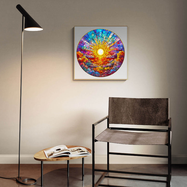 Colorful stained glass artwork depicting a bright sun over a vibrant sky, showcased in a modern living room setting.