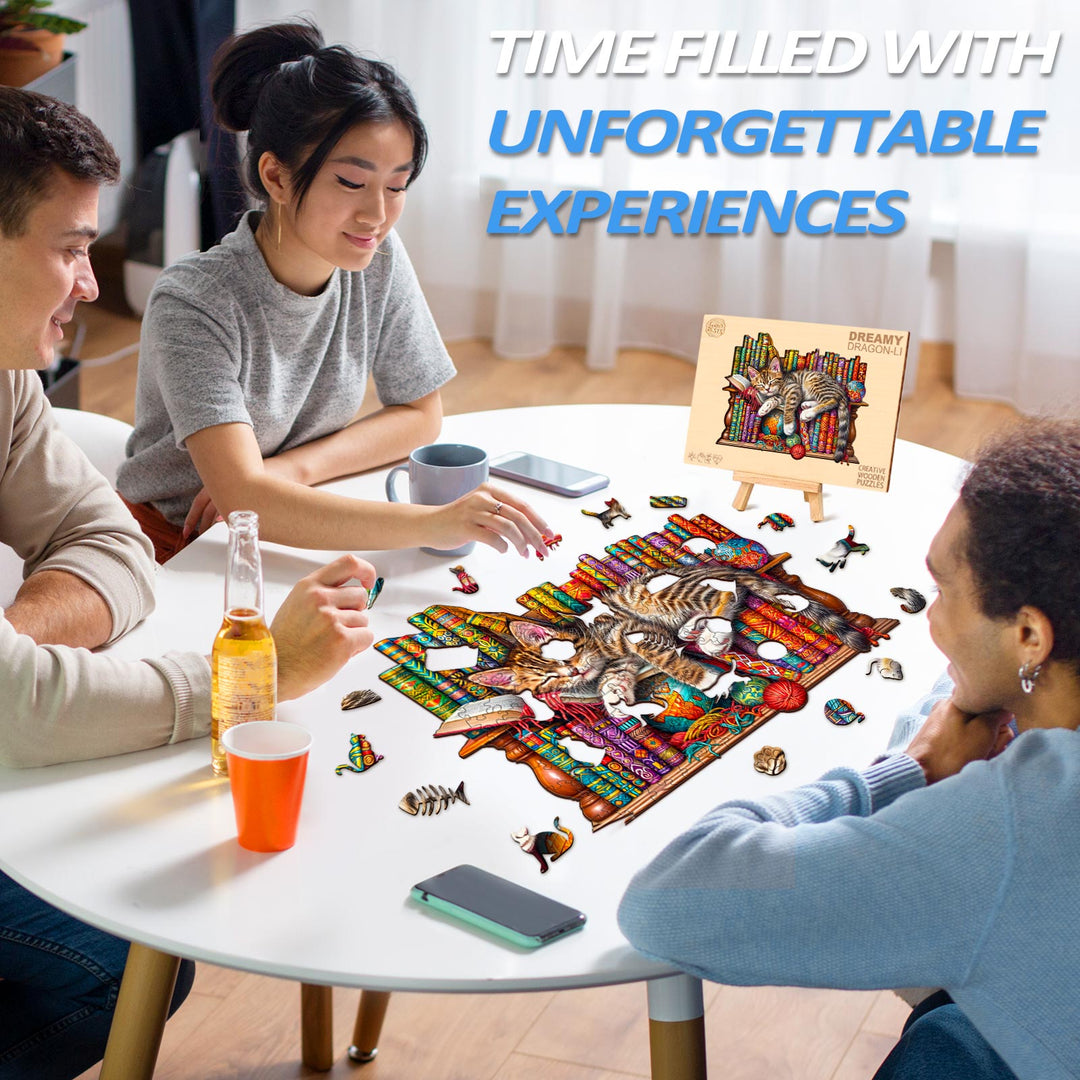 Group of friends enjoying the Dreamy Cat-Li wooden jigsaw puzzle at a table, creating unforgettable experiences.