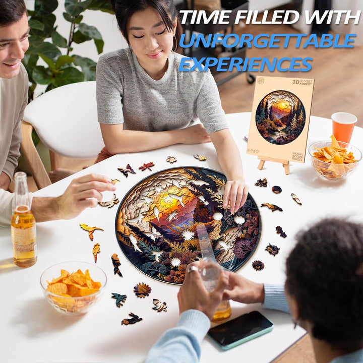 Group enjoying the 3D Sunset Forest wooden jigsaw puzzle, sharing smiles and snacks for a fun experience.