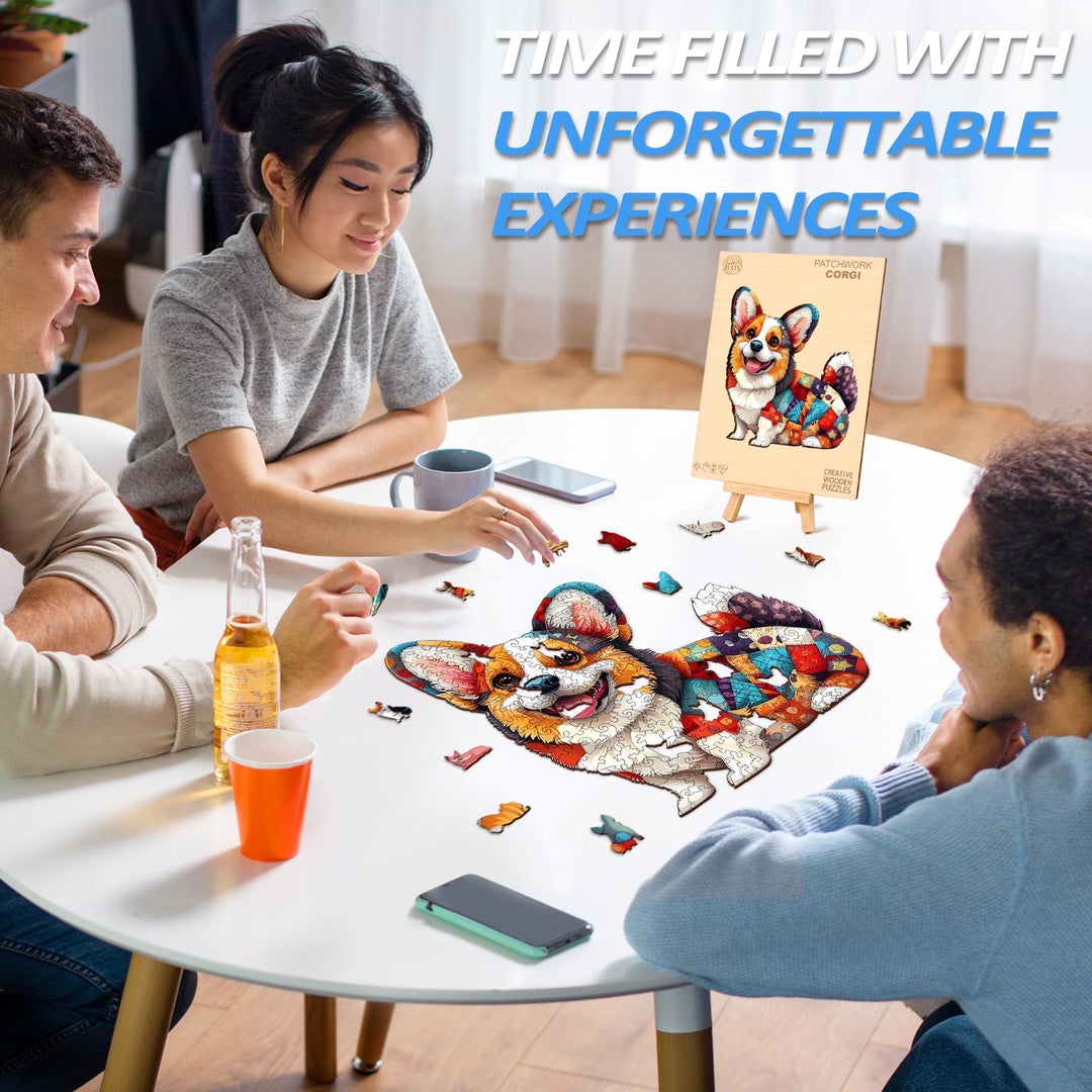 Group enjoying a Patchwork Corgi wooden jigsaw puzzle on a table, showcasing engagement and fun in puzzle solving.