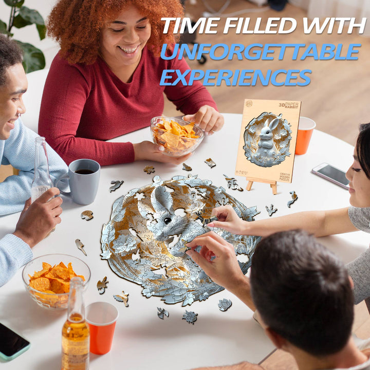 Group enjoying a 3D Paper Rabbit jigsaw puzzle, highlighting teamwork and fun experiences around the table.