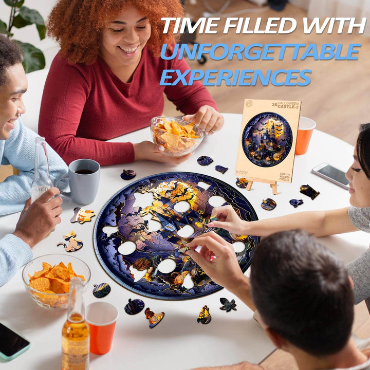 Group of friends enjoying a 3D Halloween Castle jigsaw puzzle with snacks and drinks, creating unforgettable experiences.