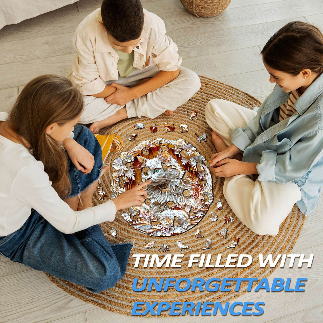 Three children focused on assembling a colorful 3D cat wooden jigsaw puzzle on a round rug.