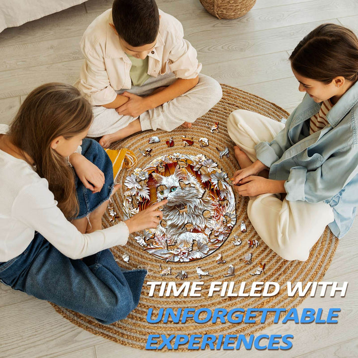 Three children focused on assembling a colorful 3D cat wooden jigsaw puzzle on a round rug.