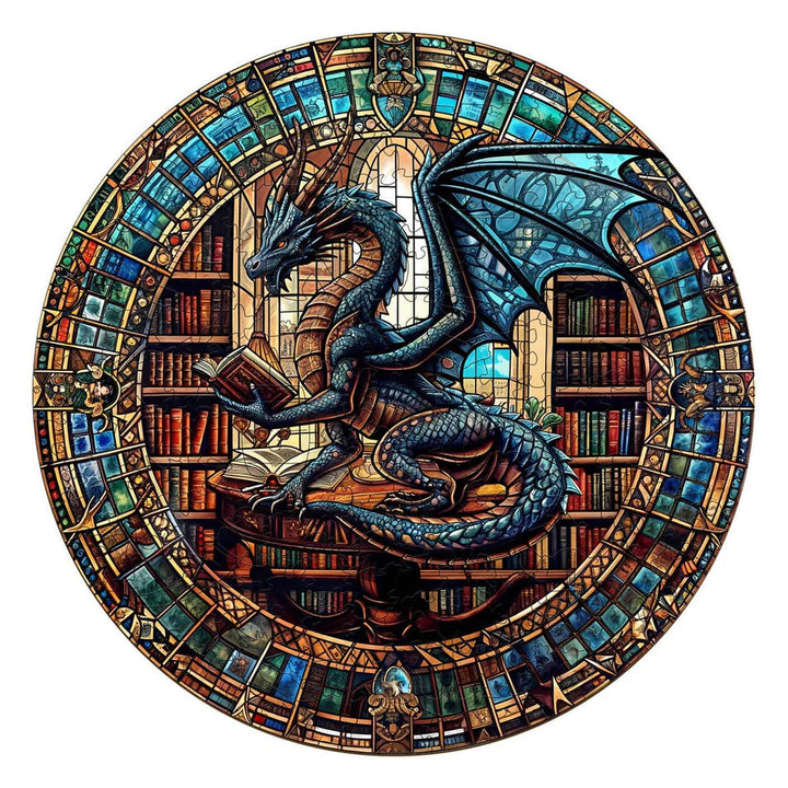 Stained glass Dragon's Library jigsaw puzzle with intricate design showcasing a dragon reading among books.