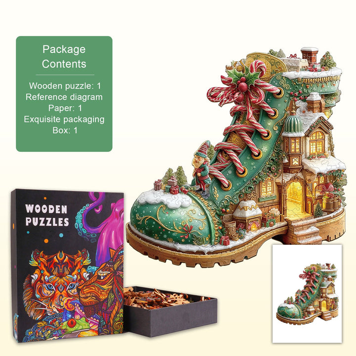 Weihnachts-Schneestiefelhütte Holzpuzzle