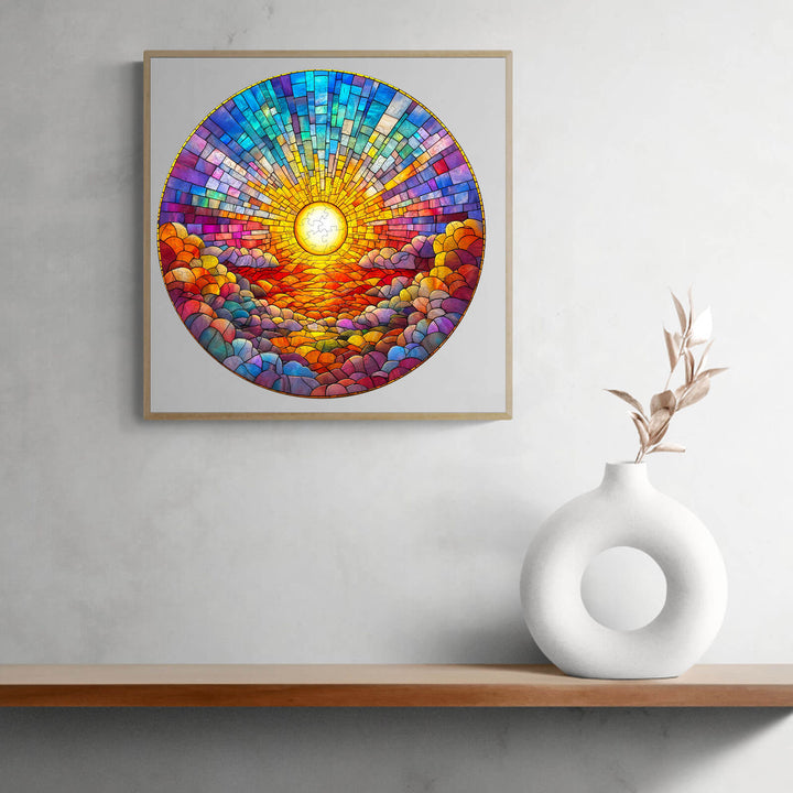 Stained glass art depicting a colorful sunset over clouds, perfect for home decor and puzzle enthusiasts.