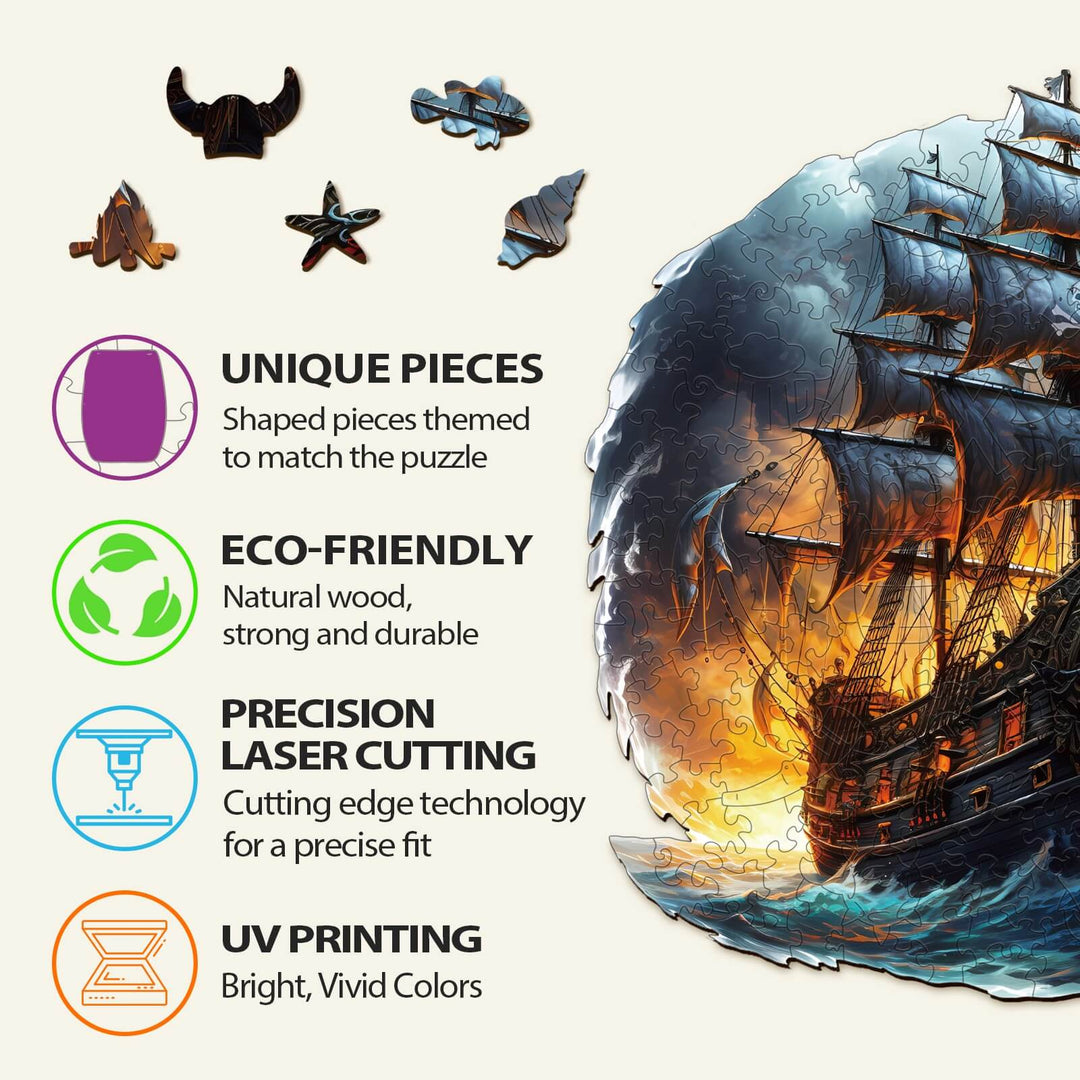 Sailing ship wooden jigsaw puzzle features unique eco-friendly pieces, precision laser cutting, and vibrant UV printing.
