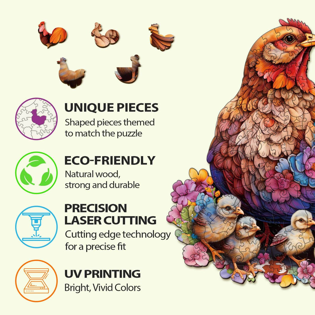 Unique Hens and Chicks wooden jigsaw puzzle features eco-friendly design, precision laser cutting, and bright UV printing.