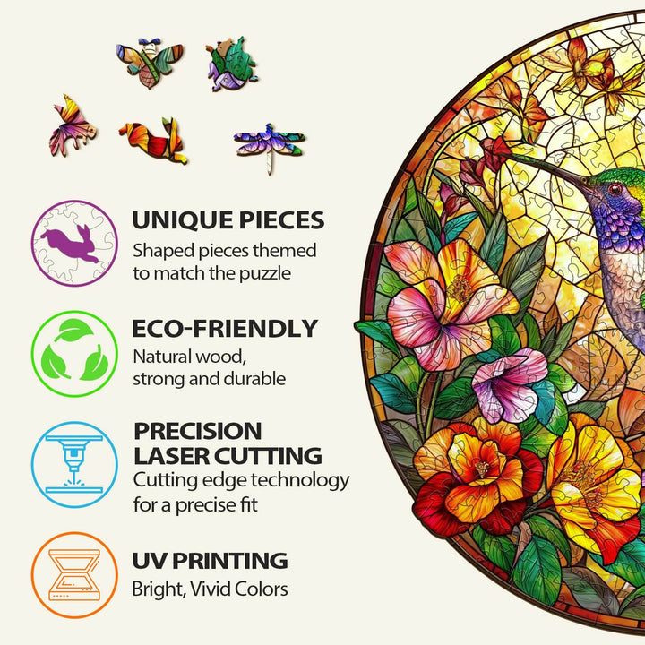 Stained Glass Hummingbird Wooden Jigsaw Puzzle - By Woodbests