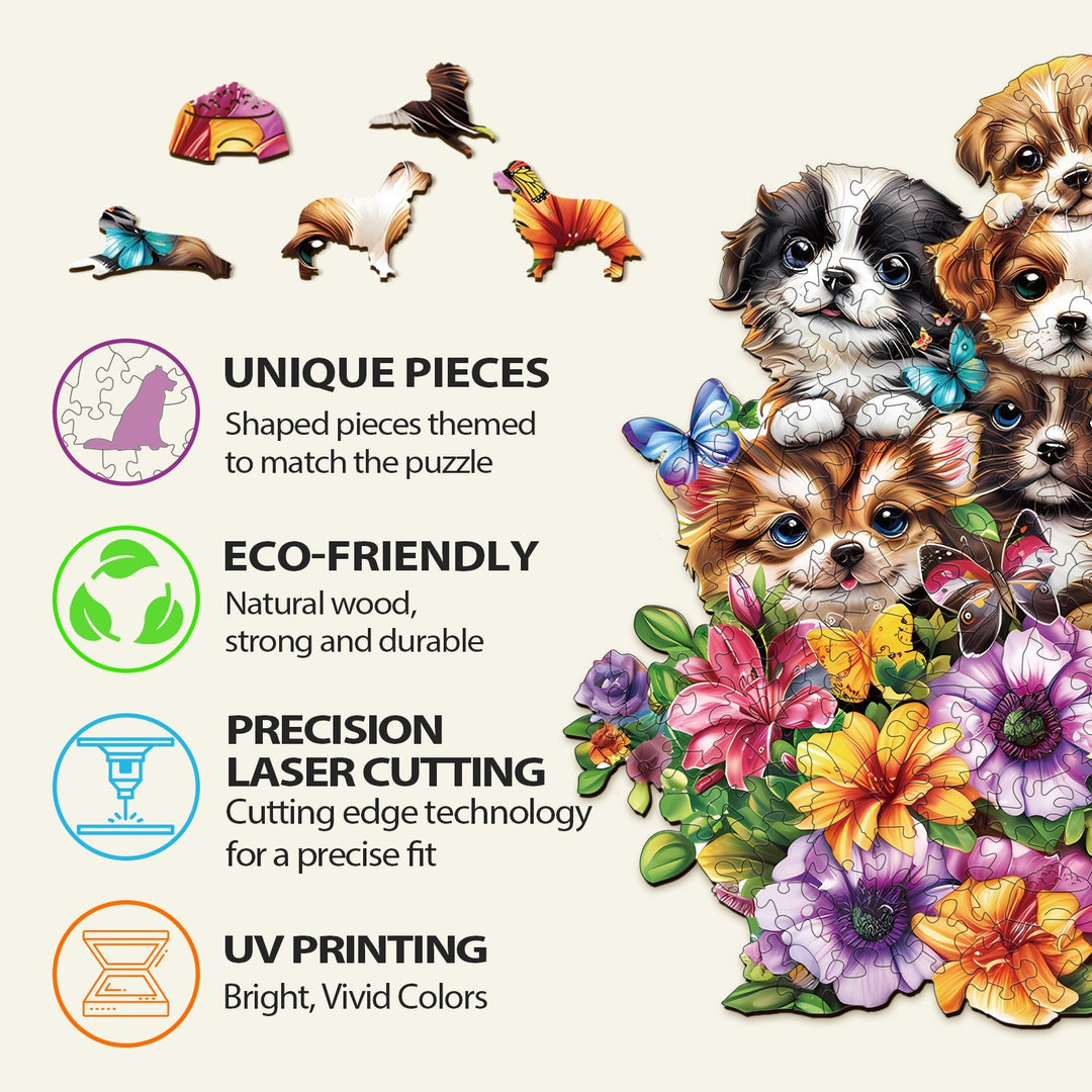 Unique wooden puzzle features cute dog pieces, eco-friendly materials, precision laser cutting, and vibrant UV printing.