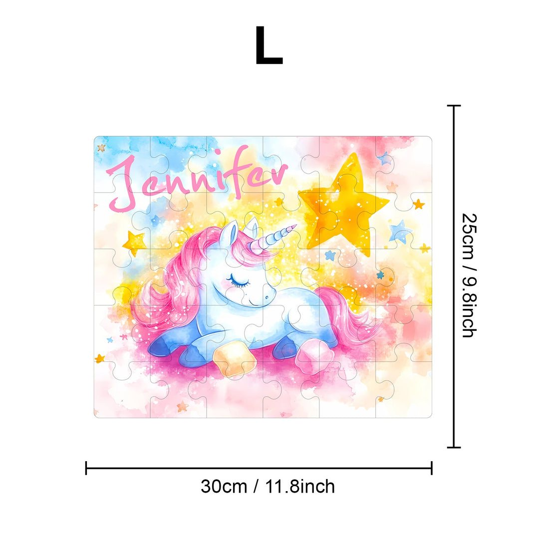 Personalized sleeping unicorn wooden jigsaw puzzle for children, featuring the name Jennifer and colorful stars.