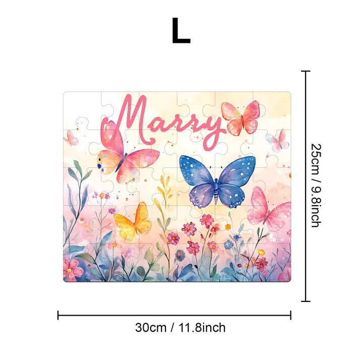 Personalized wooden jigsaw puzzle featuring colorful butterflies and flowers, custom name 'Marry' for kids.