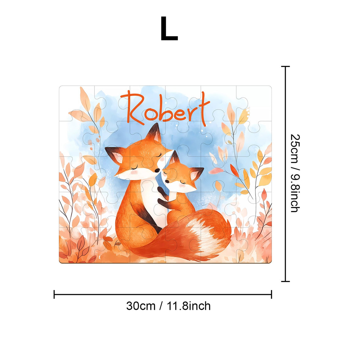Custom wooden jigsaw puzzle featuring a mother fox and cub, personalized with the name 'Robert,' set in an autumn landscape.