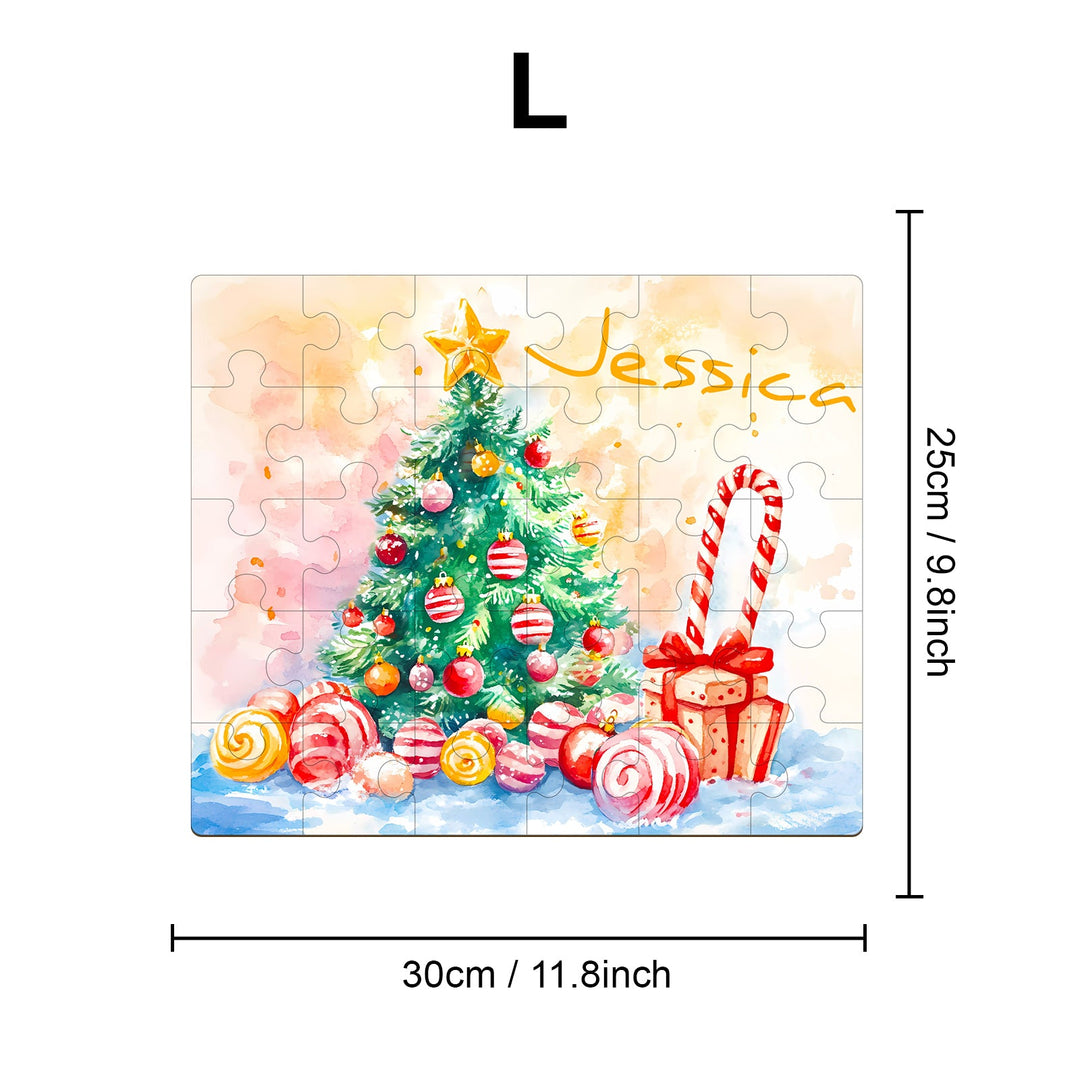 Custom wooden jigsaw puzzle featuring a festive Christmas tree and personalized with the name Jessica.