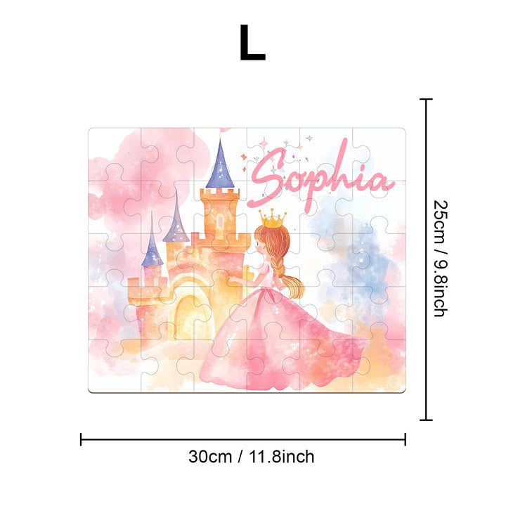 Custom wooden jigsaw puzzle featuring fairy tale princess and castle, personalized with child's name Sophia.