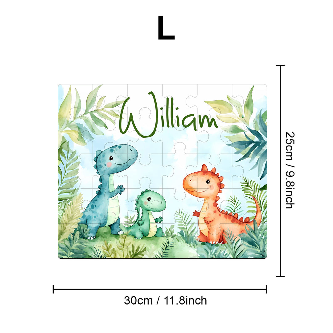 Personalized Dinosaur Family Wooden Jigsaw Puzzle featuring the name William, ideal for children's playtime and learning.