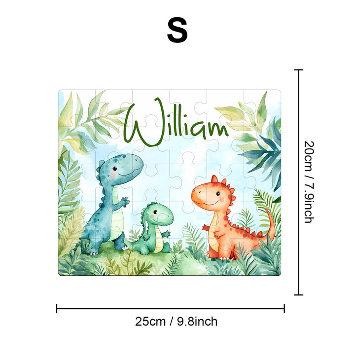 Personalized wooden jigsaw puzzle featuring friendly dinosaurs and the name William among colorful foliage.