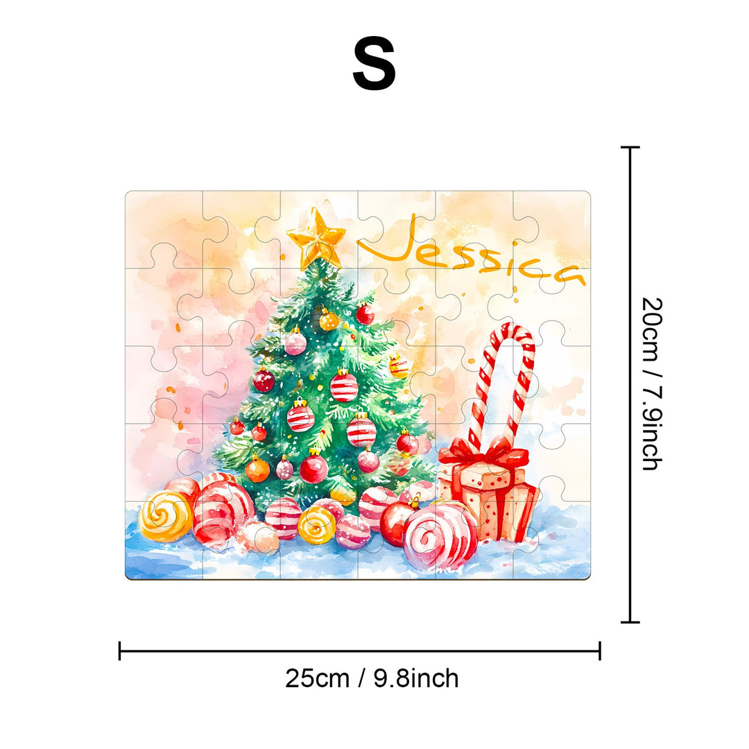 Personalized wooden jigsaw puzzle featuring a Christmas tree and candy canes with the name 'Jessica'.