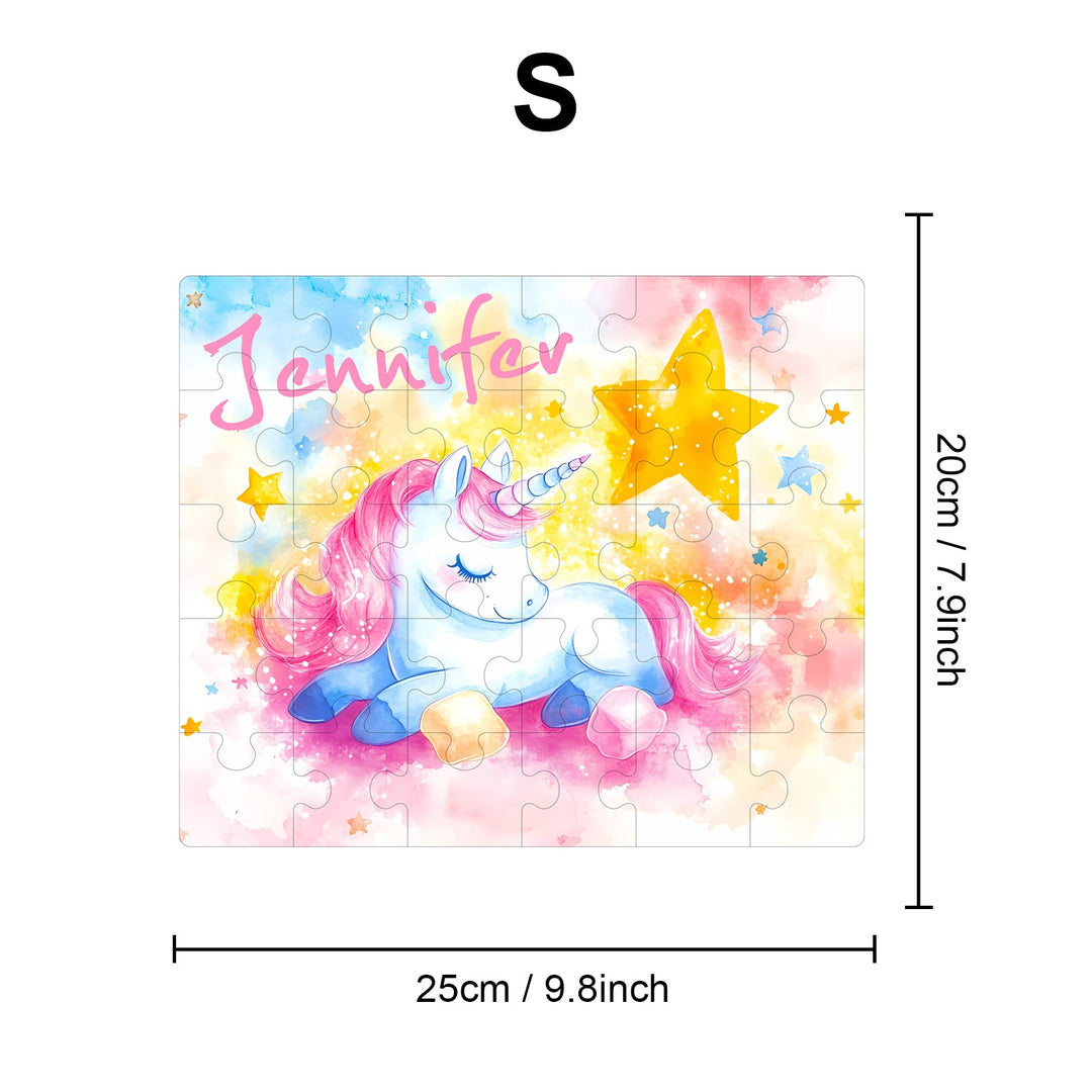 Personalized Sleeping Unicorn jigsaw puzzle for kids featuring name Jennifer and a colorful starry design.