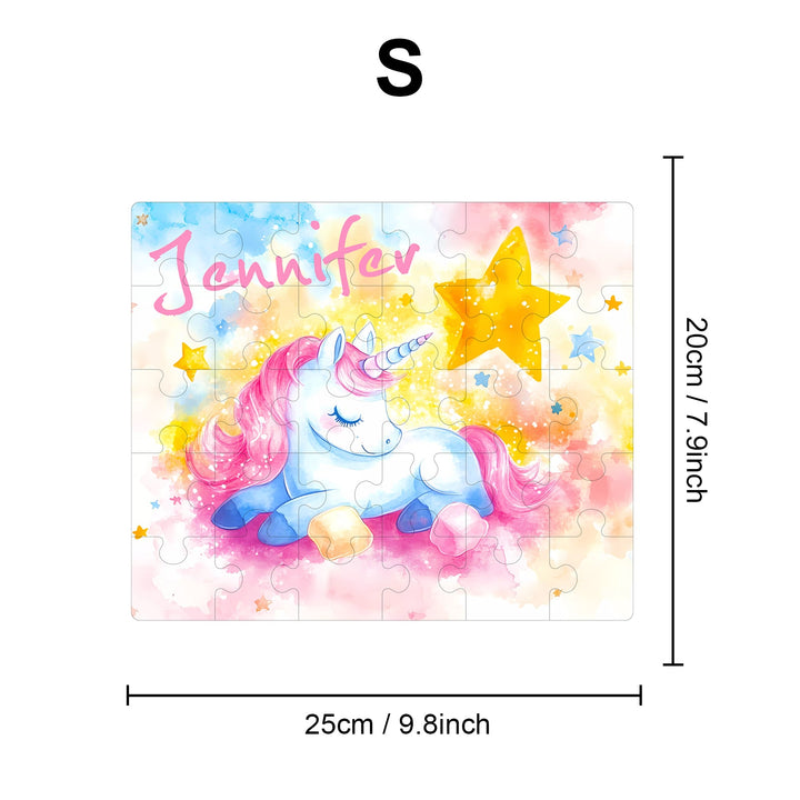 Personalized Sleeping Unicorn jigsaw puzzle for kids featuring name Jennifer and a colorful starry design.