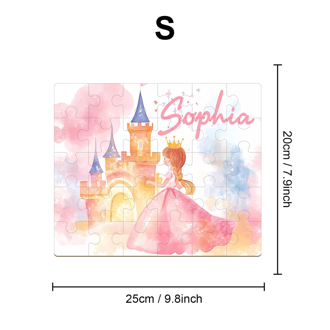 Custom wooden jigsaw puzzle featuring a princess and castle, personalized with the name 'Sophia', in vibrant pastel colors.