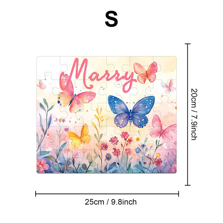 Personalized wooden jigsaw puzzle featuring colorful butterflies and the name 'Marry'. Ideal for children.