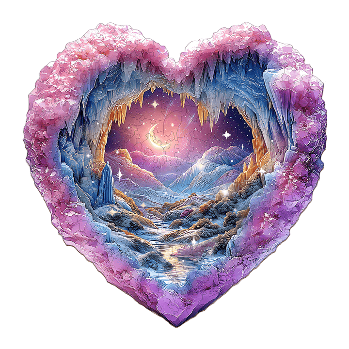 3D Romantic Star Wooden Jigsaw Puzzle in heart shape, featuring a colorful crystal cave scene, perfect for mind games.
