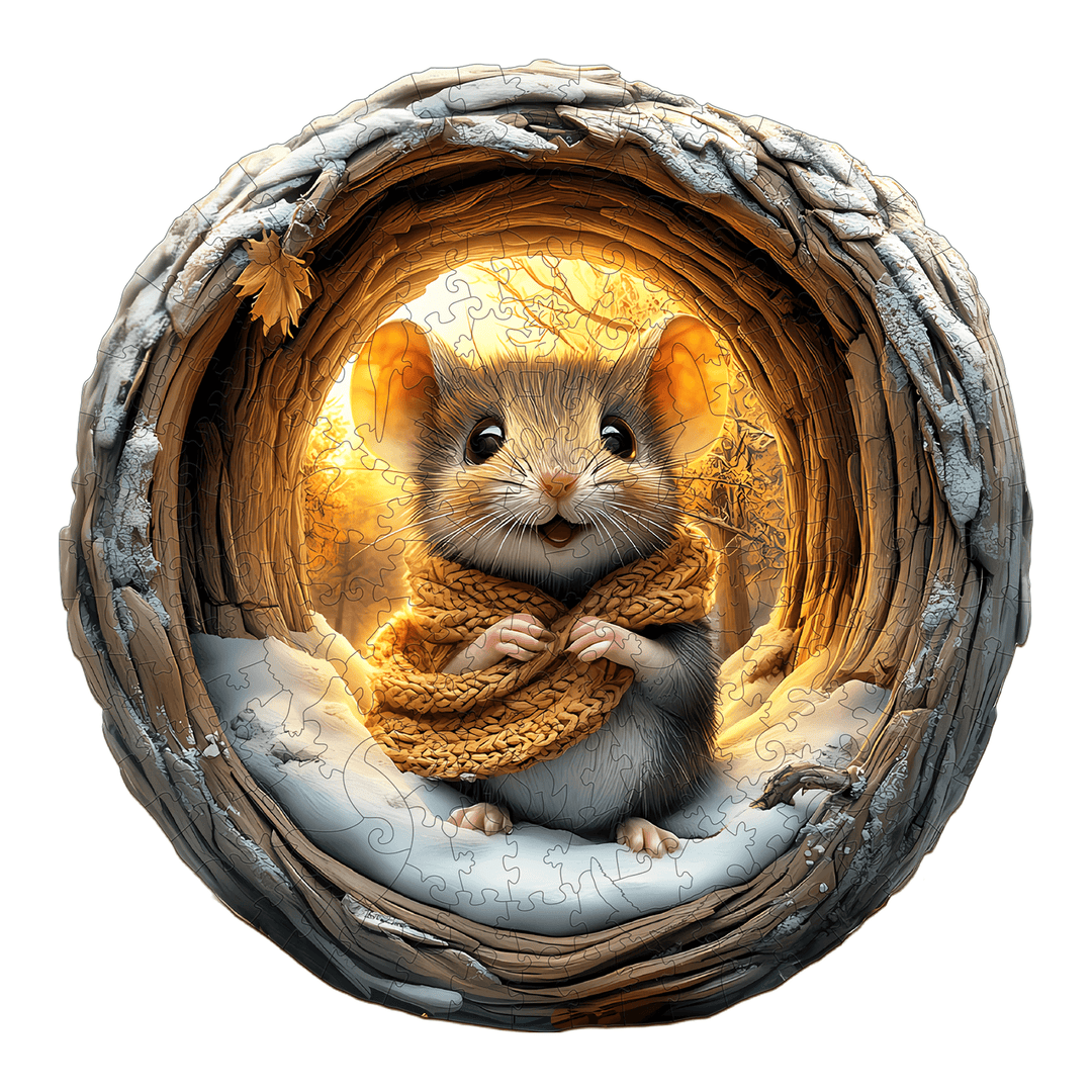 3D Cave Mouse wooden jigsaw puzzle featuring a cute mouse wearing a scarf in a cozy nest.