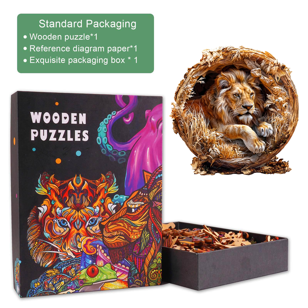 3D Lion Wooden Jigsaw Puzzle in exquisite packaging with pieces and reference diagram, ideal for enhancing focus and strategy.