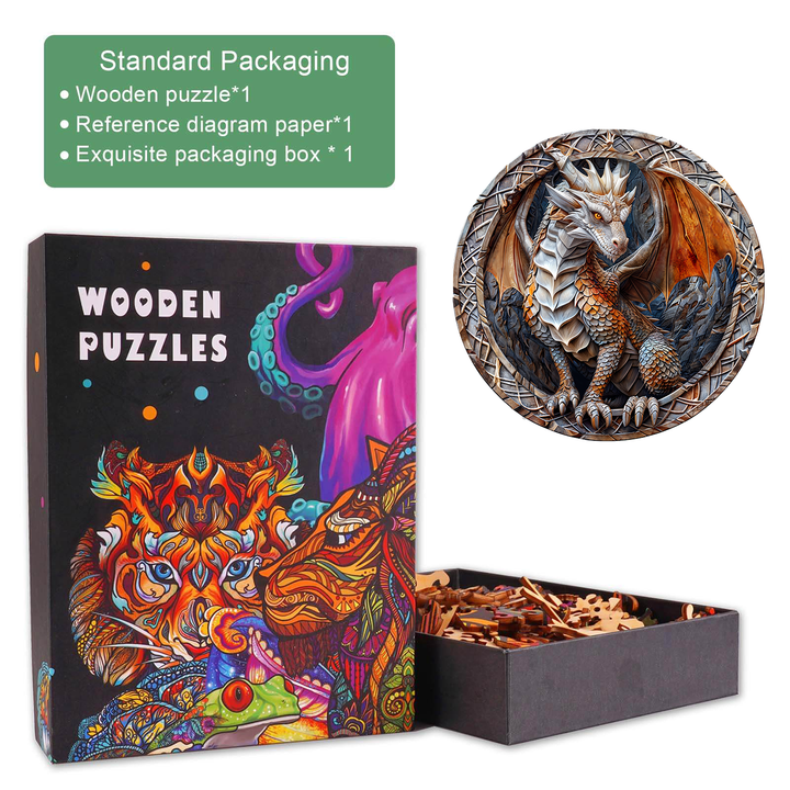 3D Cave Dragon wooden jigsaw puzzle with exquisite packaging and reference diagram for enhanced puzzle experience.