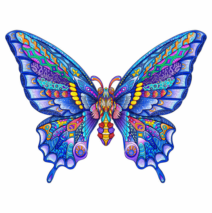 Vibrantly colored butterfly illustration, showcasing intricate patterns and designs, perfect for puzzle enthusiasts.