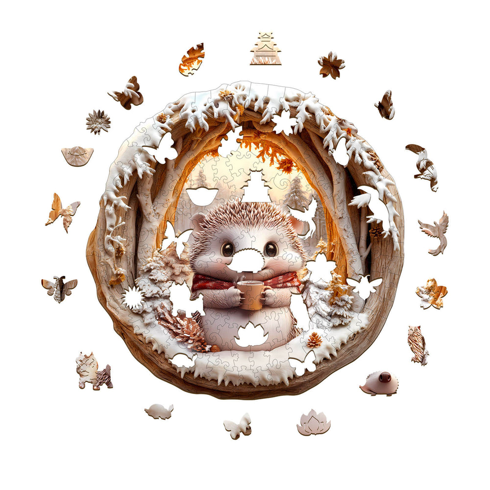 3D Cave Hedgehog wooden jigsaw puzzle pieces scattered around a cute hedgehog character in a forest setting.