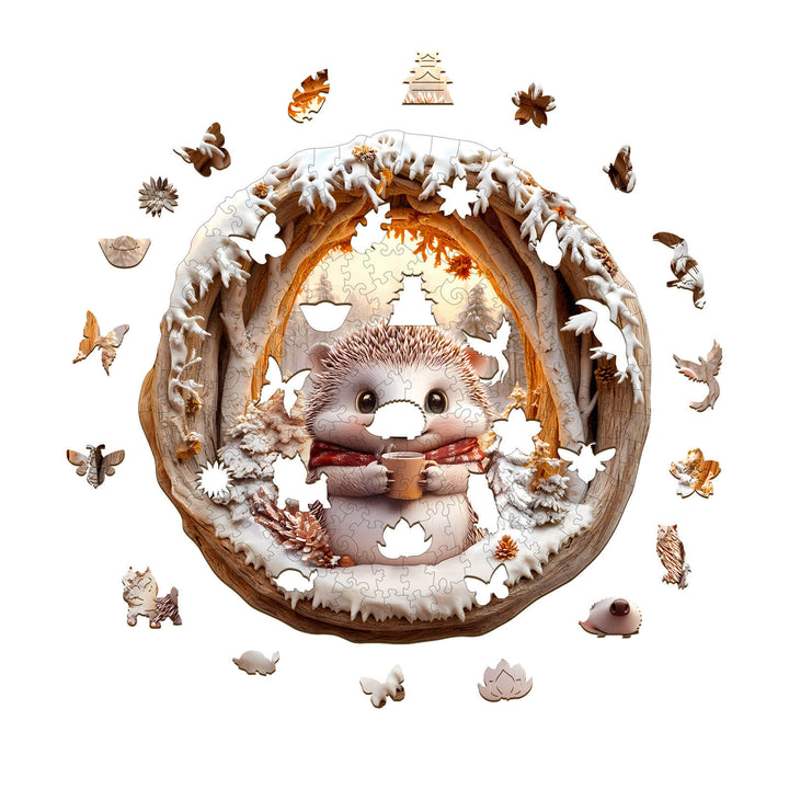 3D Cave Hedgehog wooden jigsaw puzzle pieces scattered around a cute hedgehog character in a forest setting.