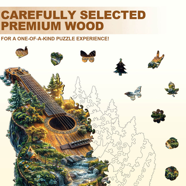 Forest guitar wooden jigsaw puzzle showcasing premium wood for unique puzzle experiences with nature themes.