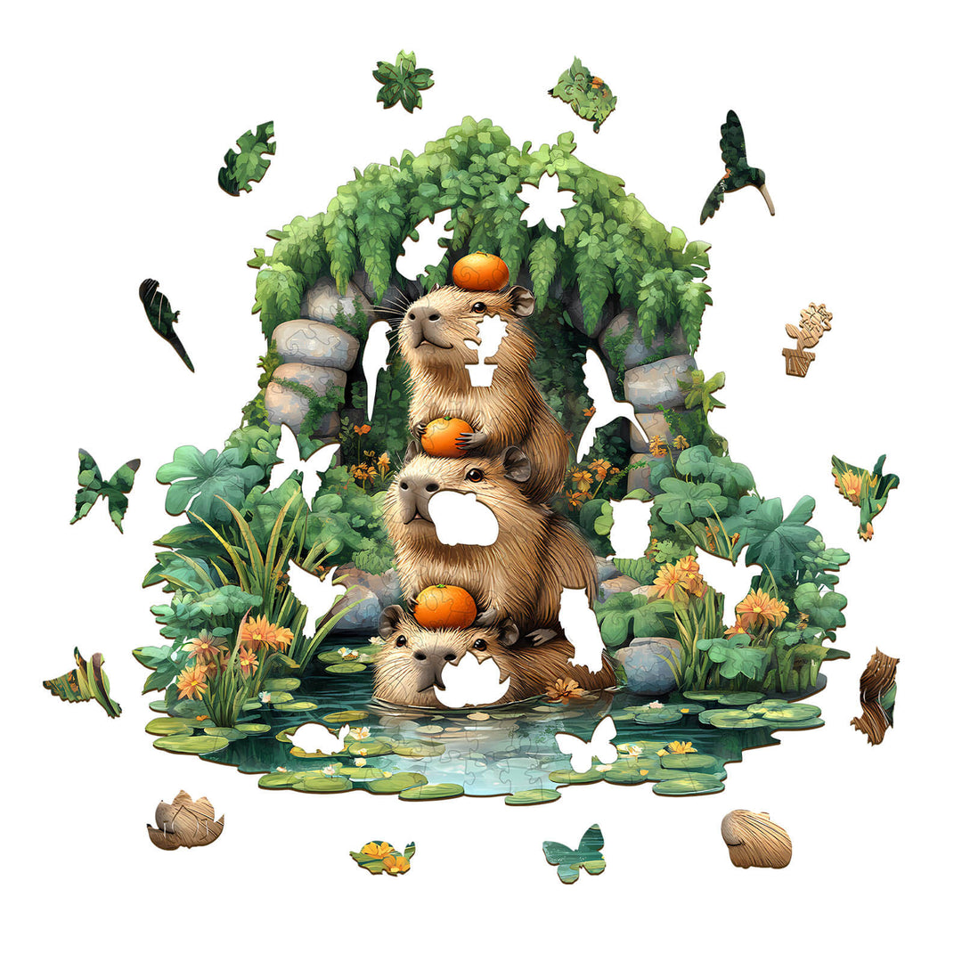 Capybara wooden jigsaw puzzle featuring capybaras and nature, designed for focus and mental challenge.