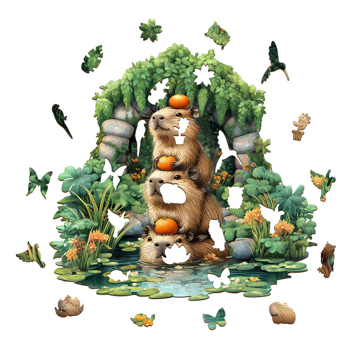 Capybara wooden jigsaw puzzle featuring capybaras and nature, designed for focus and mental challenge.