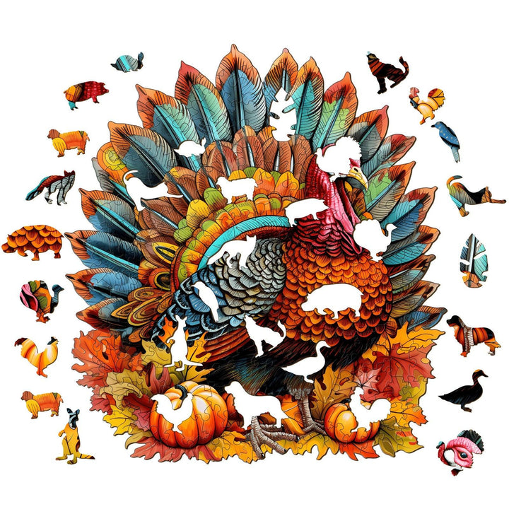 Colorful turkey wooden jigsaw puzzle with various animal-shaped pieces among autumn leaves and pumpkins.