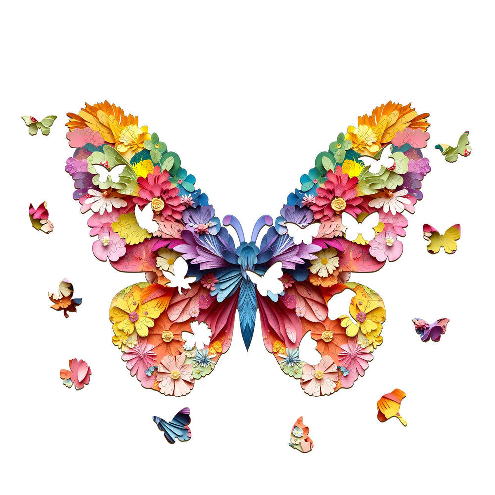 3D colorful butterfly wooden jigsaw puzzle showcasing vibrant flowers and butterflies
